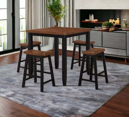 Five Piece Oak and Black Square Solid Wood Dining Set with Four Chairs - Homeroots