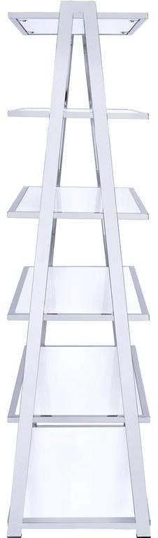 71" White and Silver Metal and Glass Five Tier Ladder Bookcase