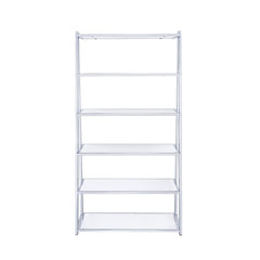 71" White and Silver Metal and Glass Five Tier Ladder Bookcase