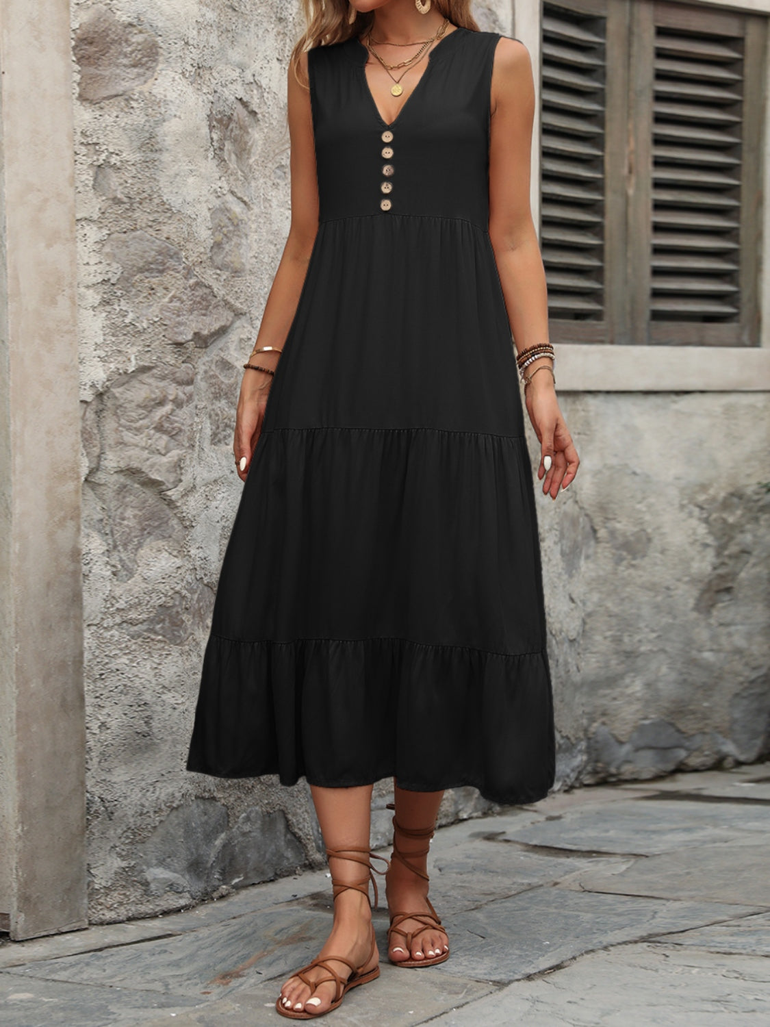 Decorative Button Notched Sleeveless Dress - Trendsi