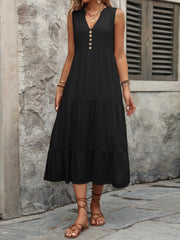 Decorative Button Notched Sleeveless Dress Trendsi