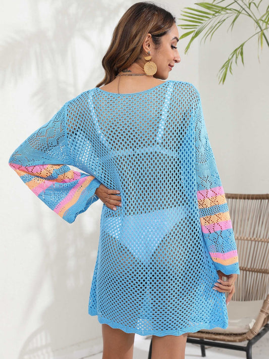 Openwork Contrast Long Sleeve Cover-Up - Flyclothing LLC