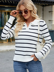 Striped Johnny Collar Long Sleeve Sweater