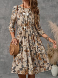 Printed Round Neck Three-Quarter Sleeve Dress - Trendsi