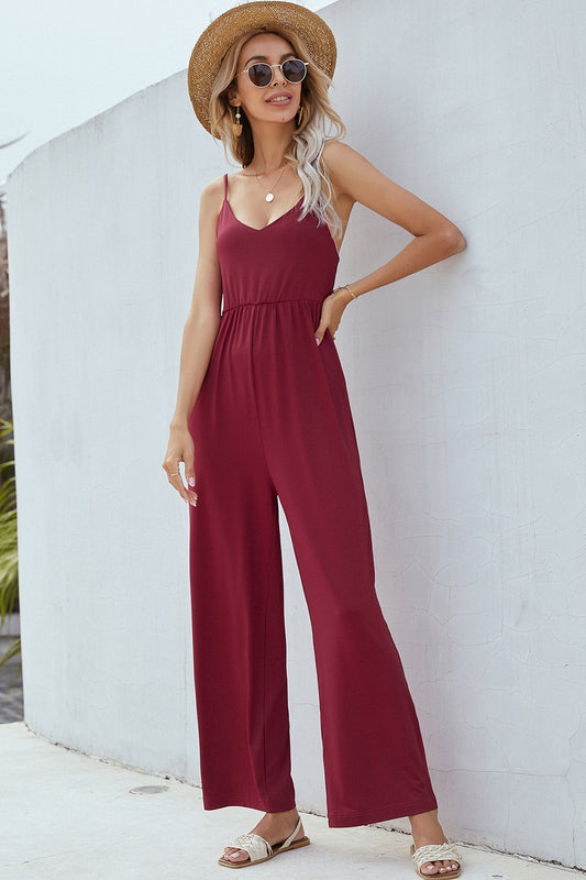 V-Neck Spaghetti Strap Wide Leg Jumpsuit Trendsi