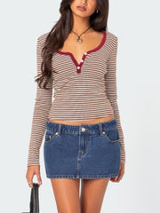 Buttoned Striped Long Sleeve T-Shirt - Trendsi