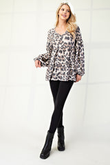 Celeste Full Size Leopard V-Neck Balloon Sleeve Blouse - Trendsi