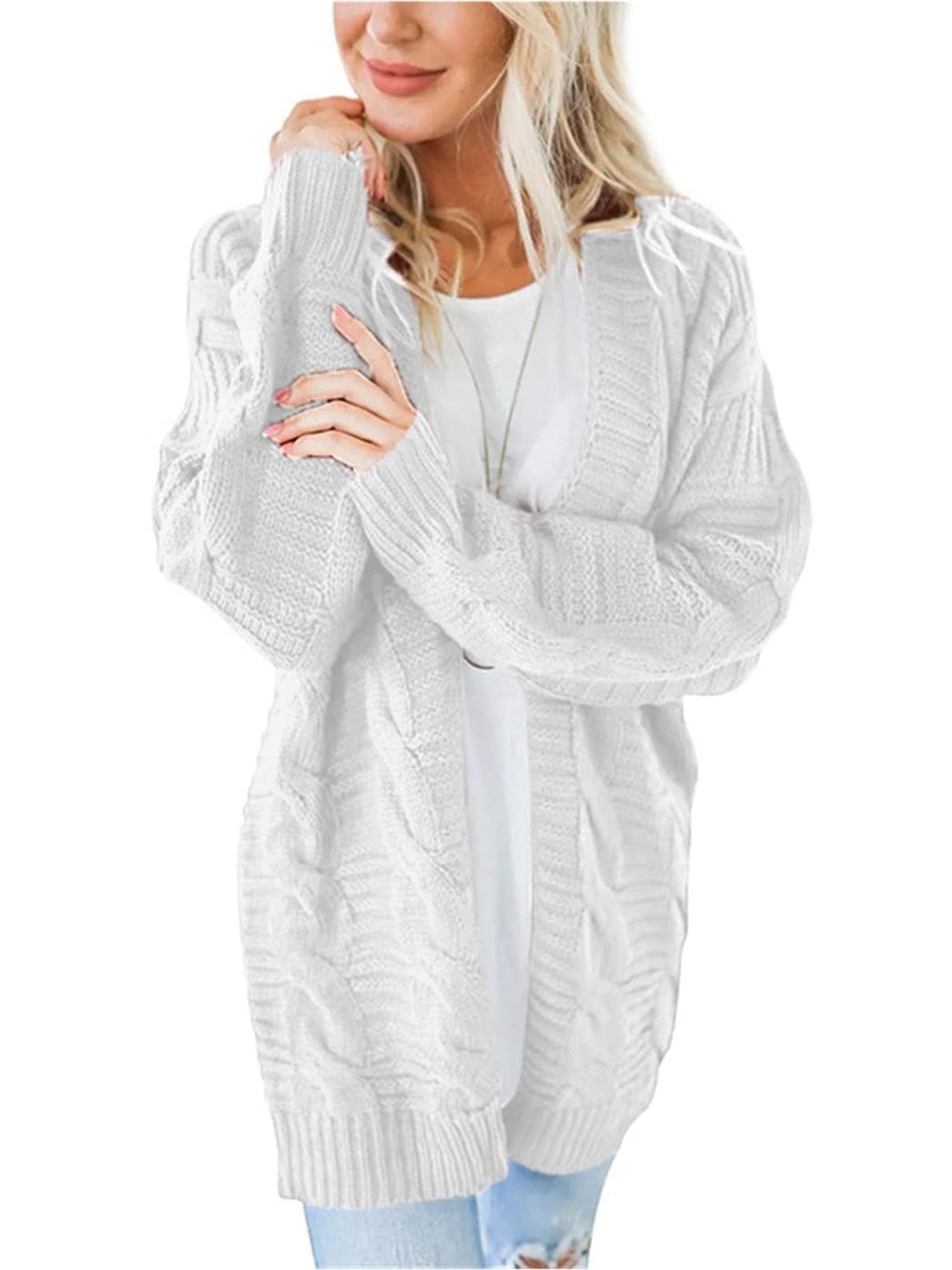 Cable-Knit Open Front Long Sleeve Cardigan - Trendsi