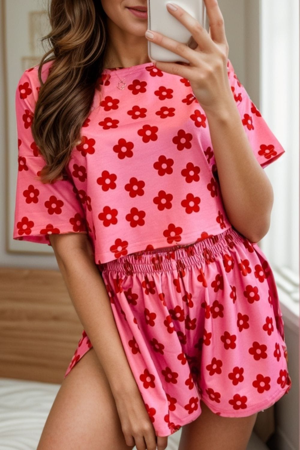 Flower Round Neck Top and Shorts Lounge Set Trendsi