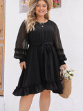 Plus Size Swiss Dot Round Neck Long Sleeve Dress - Flyclothing LLC