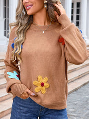 Crochet Flower Round Neck Sweater