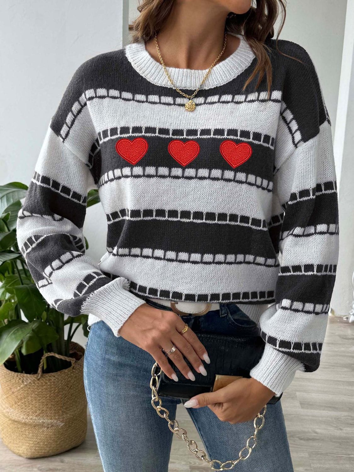 Heart Round Neck Long Sleeve Sweater - Trendsi