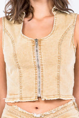 American Bazi Zip Up Washed Crop Denim Vest - Trendsi