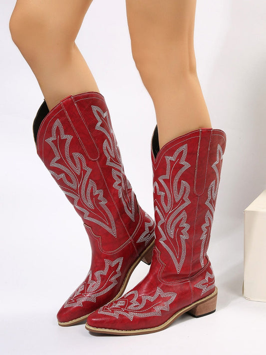 PU Leather Embroidered Geometric Point Toe Boots - Trendsi