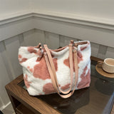 Cow Print Furry Tote Bag - Trendsi