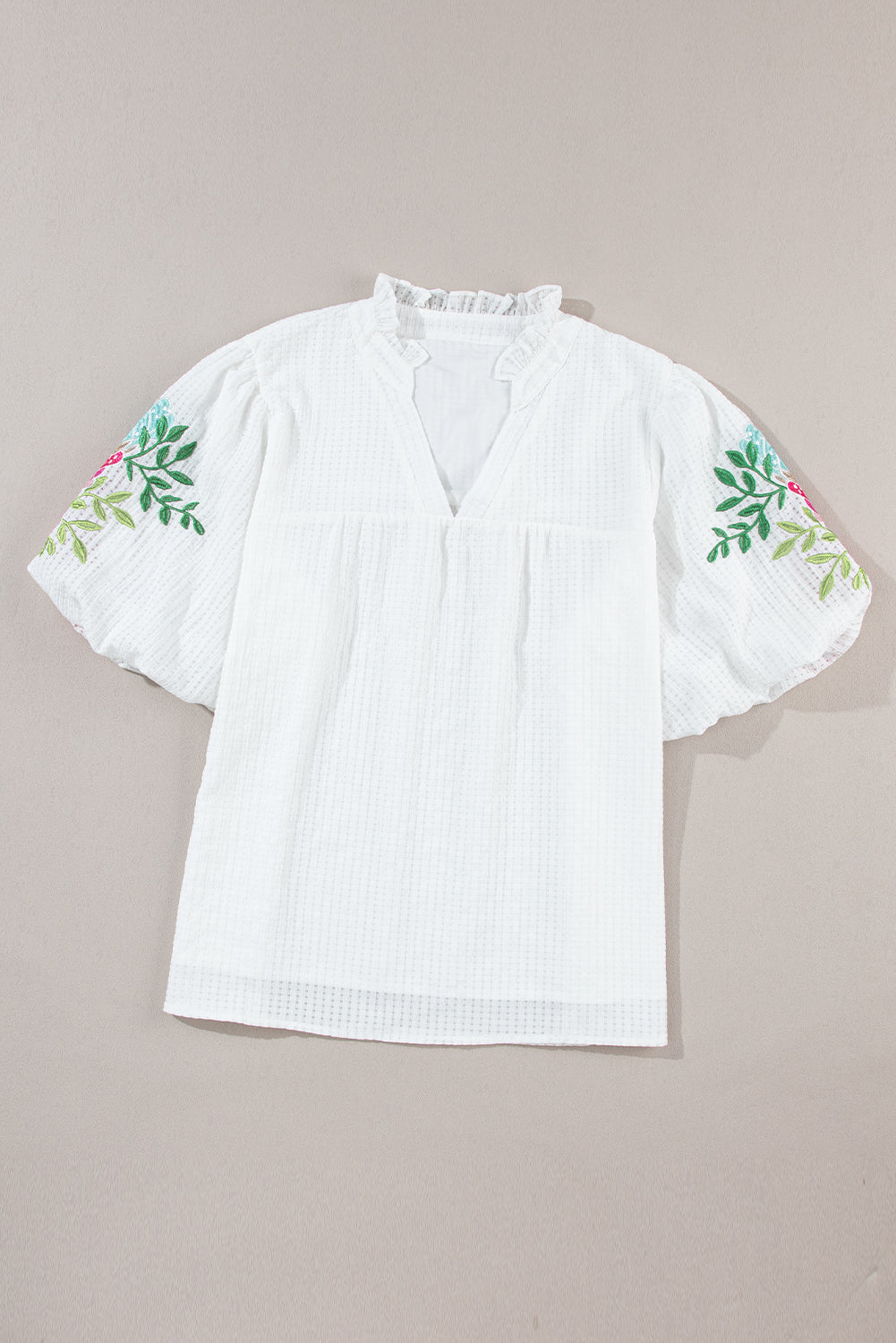 Embroidered Notched Half Sleeve Blouse - Flyclothing LLC