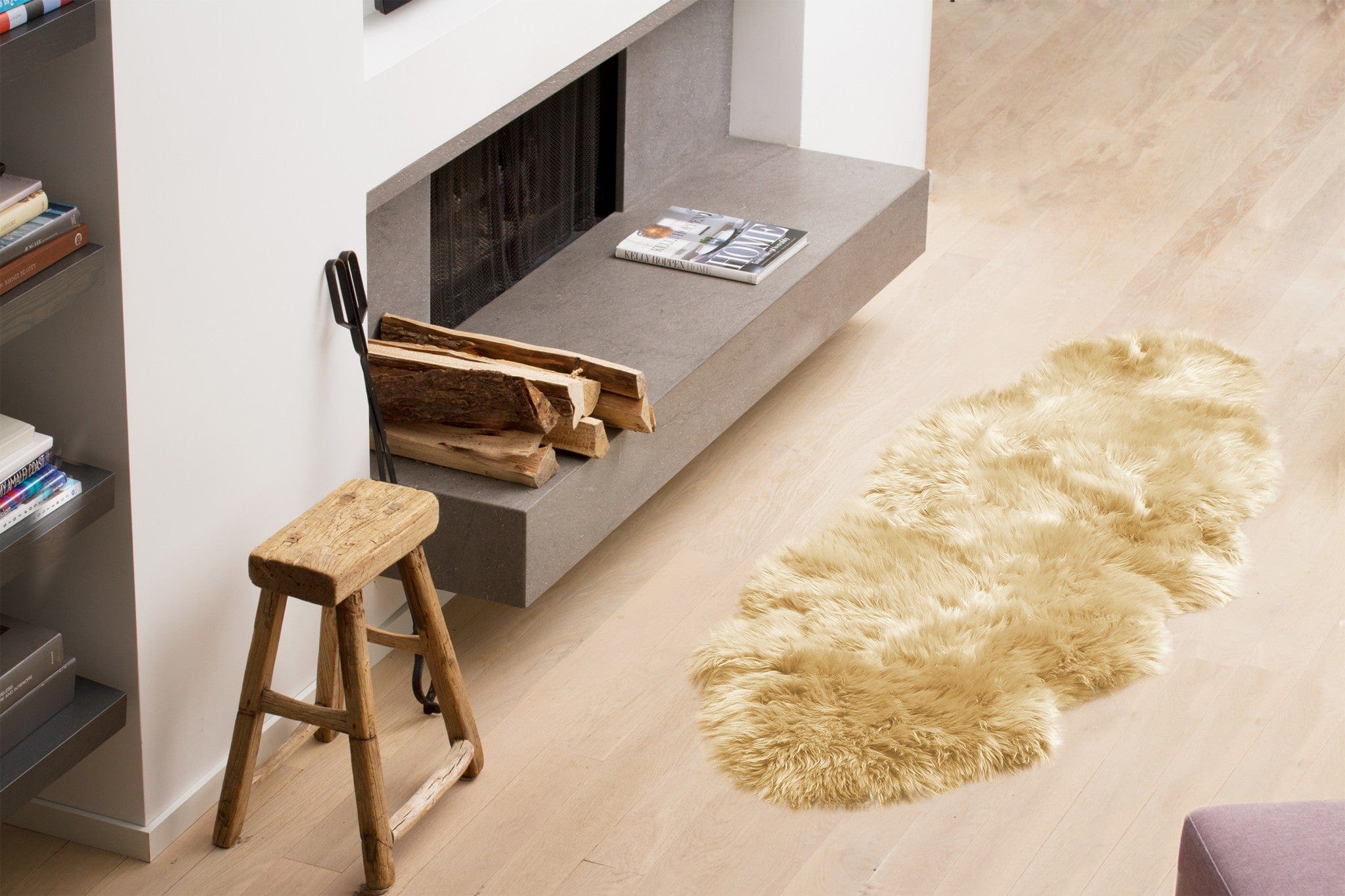 6' Runner Gold and White Wool Shag Sheepskin Area Rug - Homeroots