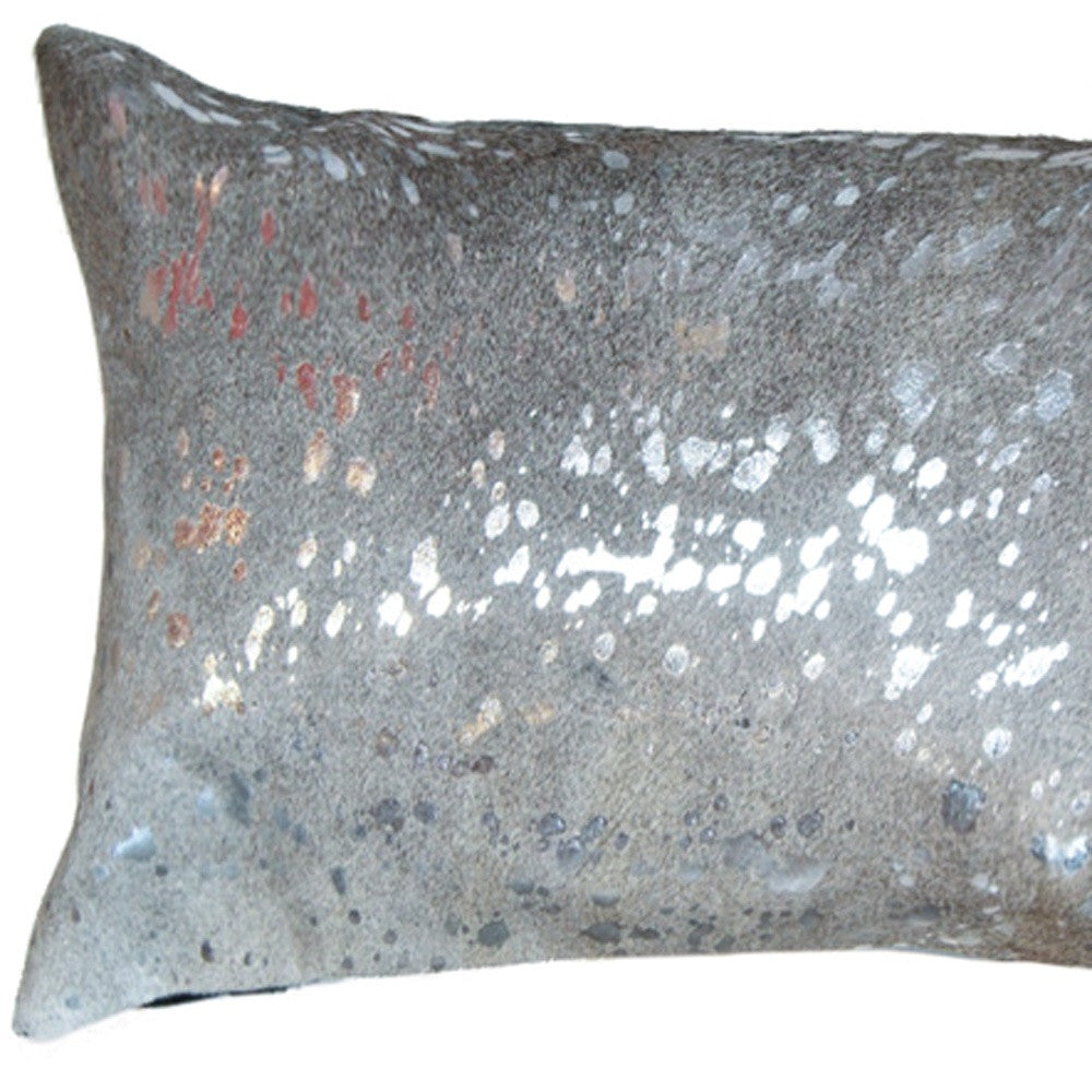 12" X 20" Gray Cowhide Throw Pillow