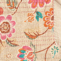 70" X 50" Beige Pink Orange and Green Kantha Cotton Floral Throw Blanket with Embroidery - Homeroots