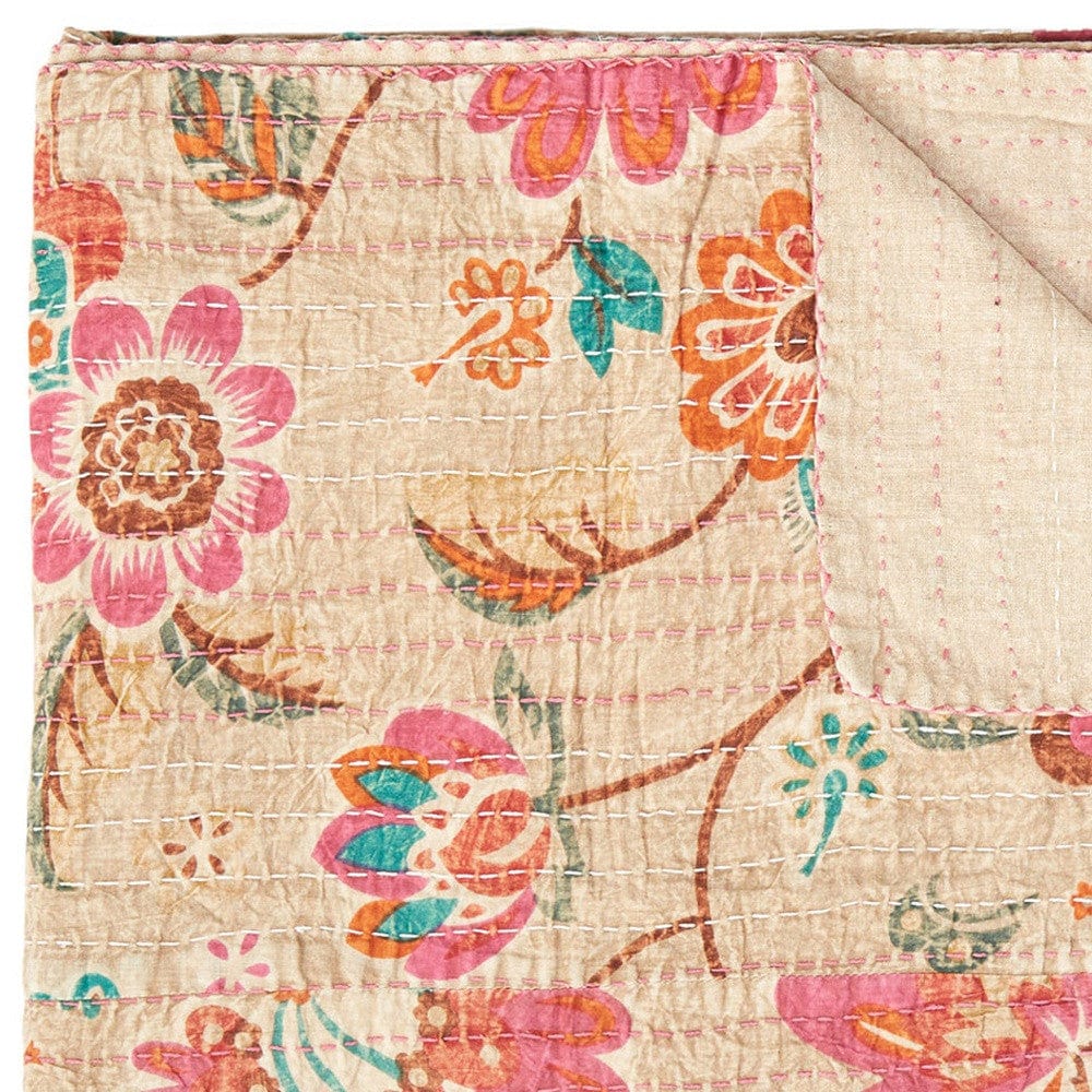 70" X 50" Beige Pink Orange and Green Kantha Cotton Floral Throw Blanket with Embroidery - Homeroots