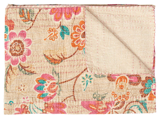 70" X 50" Beige Pink Orange and Green Kantha Cotton Floral Throw Blanket with Embroidery - Homeroots