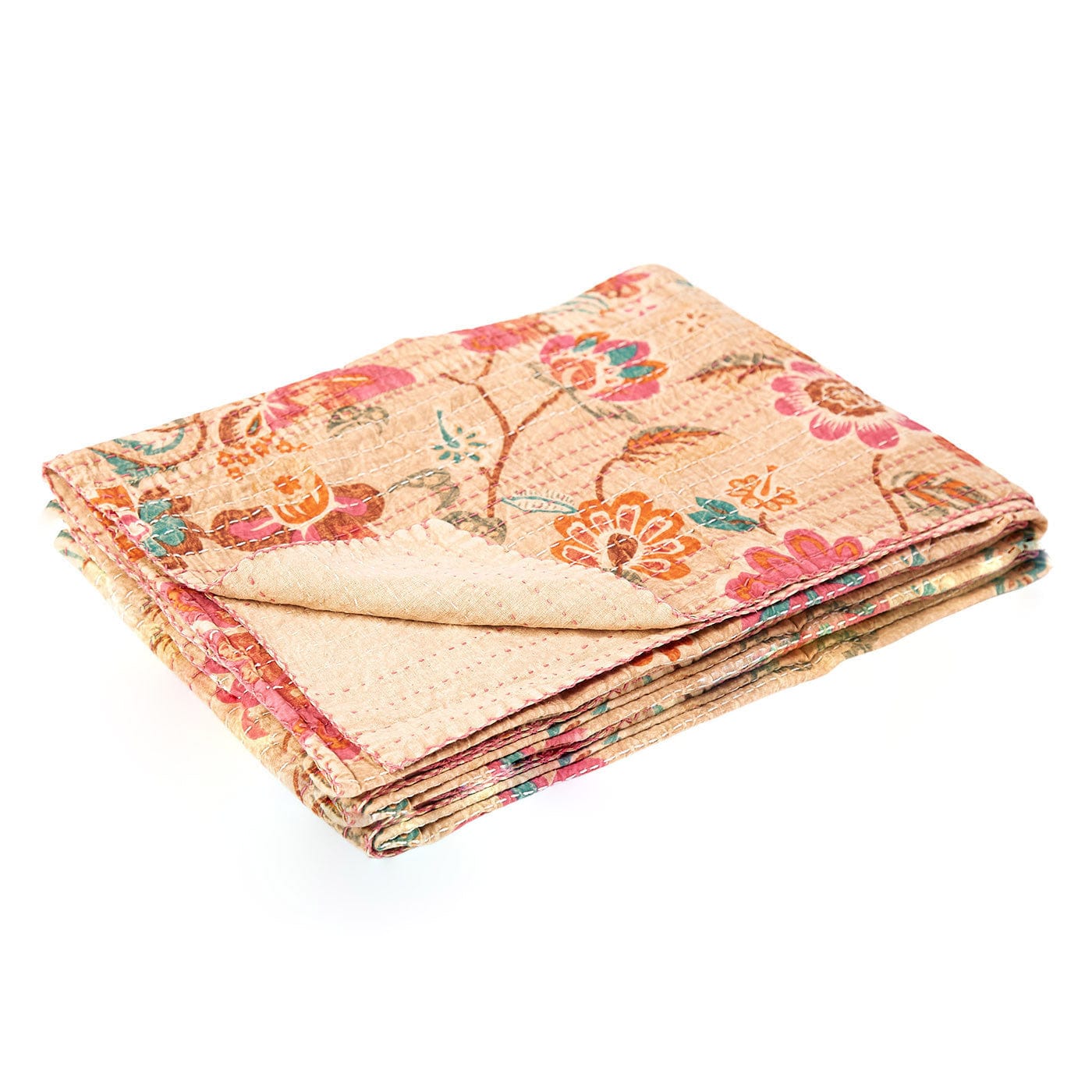 70" X 50" Beige Pink Orange and Green Kantha Cotton Floral Throw Blanket with Embroidery - Homeroots