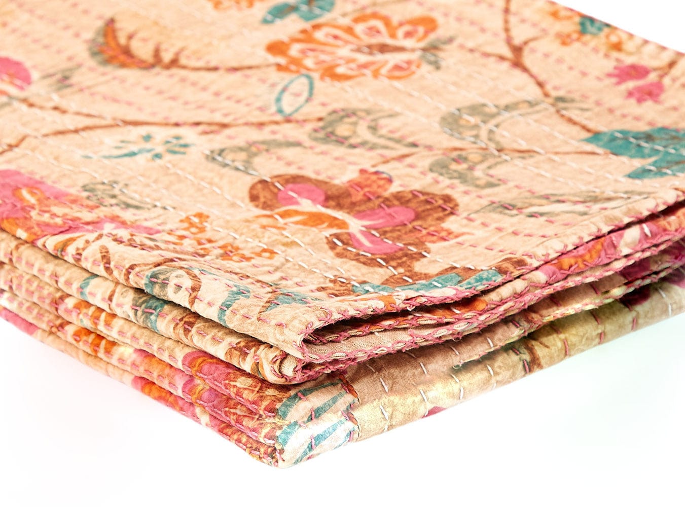 70" X 50" Beige Pink Orange and Green Kantha Cotton Floral Throw Blanket with Embroidery - Homeroots