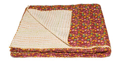 50" X 70" Maroon Yellow and Green Kantha Cotton Floral Throw Blanket with Embroidery - Homeroots