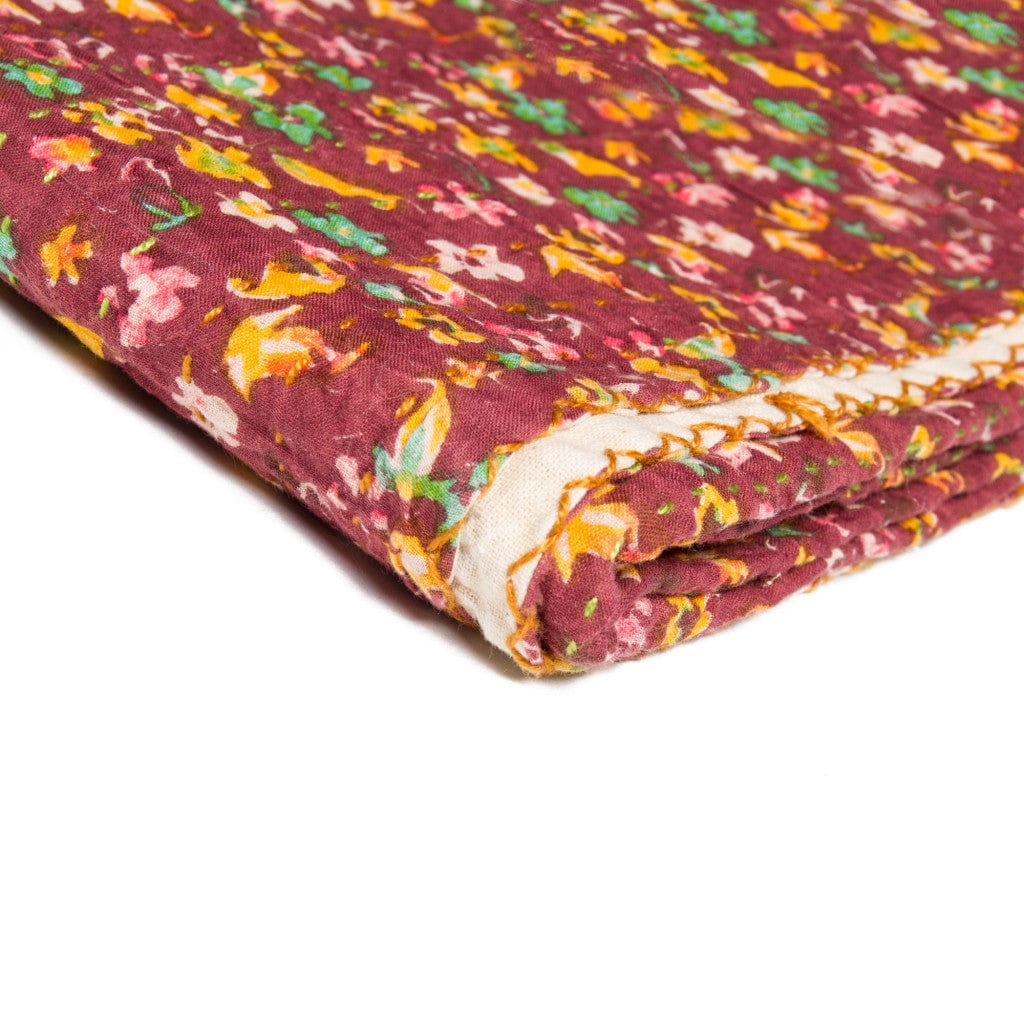 50" X 70" Maroon Yellow and Green Kantha Cotton Floral Throw Blanket with Embroidery - Homeroots