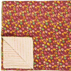 50" X 70" Maroon Yellow and Green Kantha Cotton Floral Throw Blanket with Embroidery - Homeroots