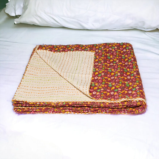 50" X 70" Maroon Yellow and Green Kantha Cotton Floral Throw Blanket with Embroidery - Homeroots