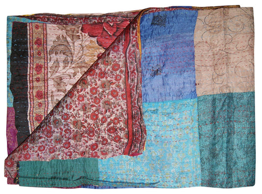 60" X 90" Blue Brown and Green Kantha Cotton Patchwork Throw Blanket with Embroidery - Homeroots