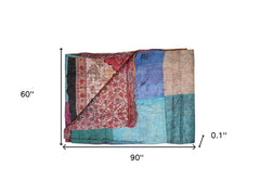 60" X 90" Blue Brown and Green Kantha Cotton Patchwork Throw Blanket with Embroidery - Homeroots