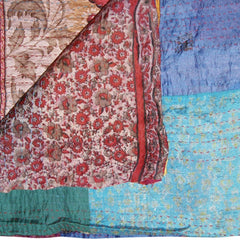 60" X 90" Blue Brown and Green Kantha Cotton Patchwork Throw Blanket with Embroidery - Homeroots