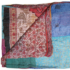 60" X 90" Blue Brown and Green Kantha Cotton Patchwork Throw Blanket with Embroidery - Homeroots