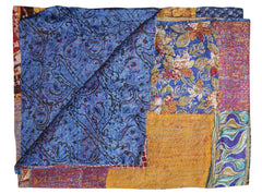 60" X 90" Blue and Yellow Kantha Cotton Patchwork Throw Blanket with Embroidery - Homeroots