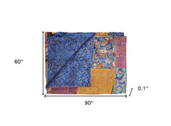 60" X 90" Blue and Yellow Kantha Cotton Patchwork Throw Blanket with Embroidery - Homeroots