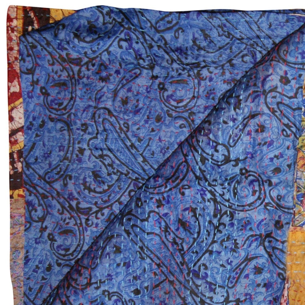 60" X 90" Blue and Yellow Kantha Cotton Patchwork Throw Blanket with Embroidery - Homeroots