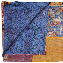 60" X 90" Blue and Yellow Kantha Cotton Patchwork Throw Blanket with Embroidery - Homeroots