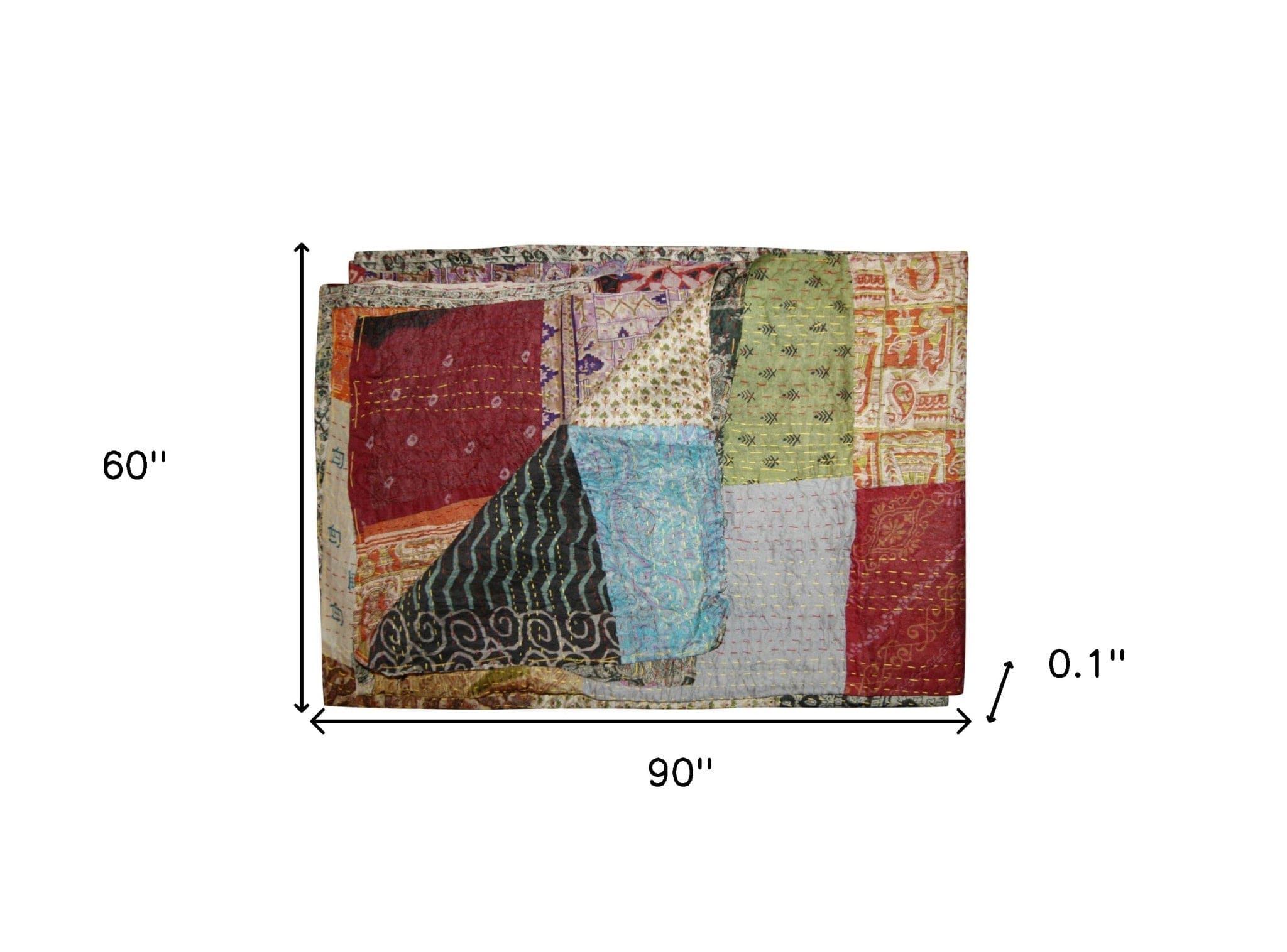 60" X 90" Blue Black and Brown Kantha Cotton Patchwork Throw Blanket with Embroidery - Homeroots