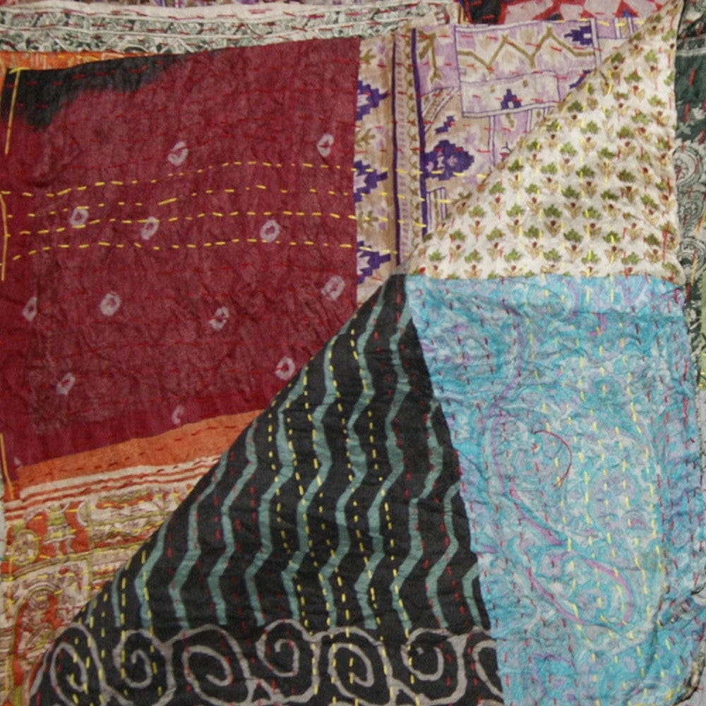 60" X 90" Blue Black and Brown Kantha Cotton Patchwork Throw Blanket with Embroidery - Homeroots