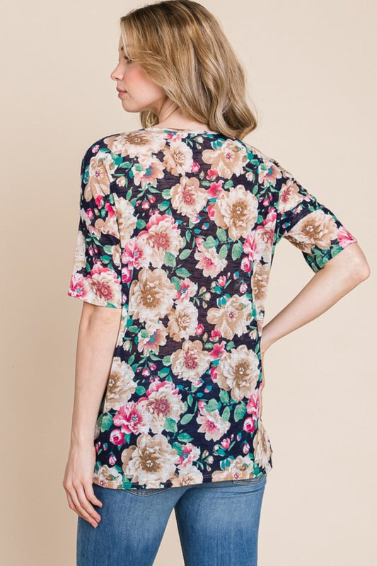 BOMBOM Floral Round Neck T-Shirt - Trendsi