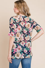 BOMBOM Floral Round Neck T-Shirt - Trendsi