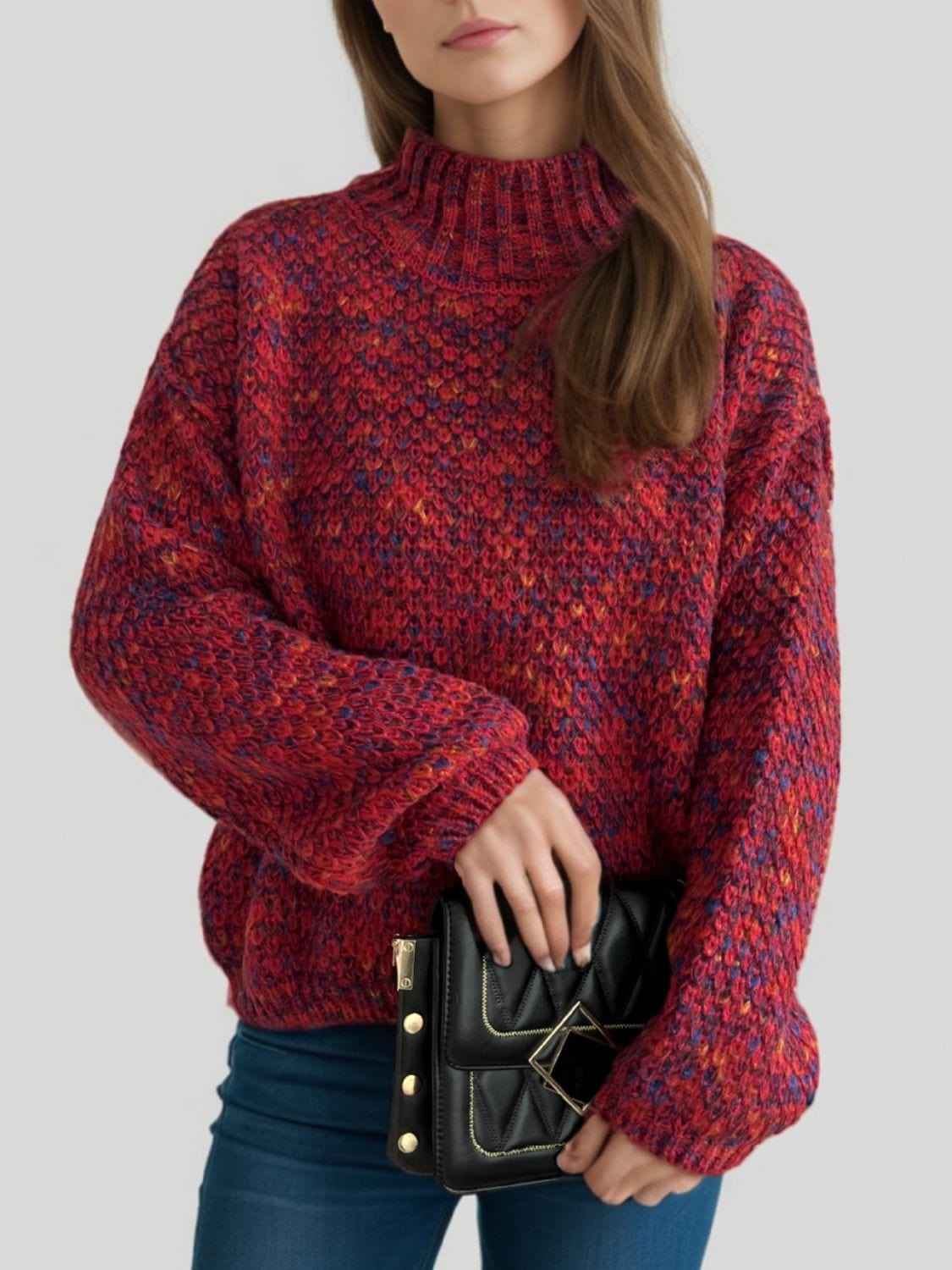 Heathered Turtleneck Dropped Shoulder Sweater - Trendsi