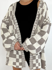 Checkered Open Front Long Sleeve Cardigan - Trendsi