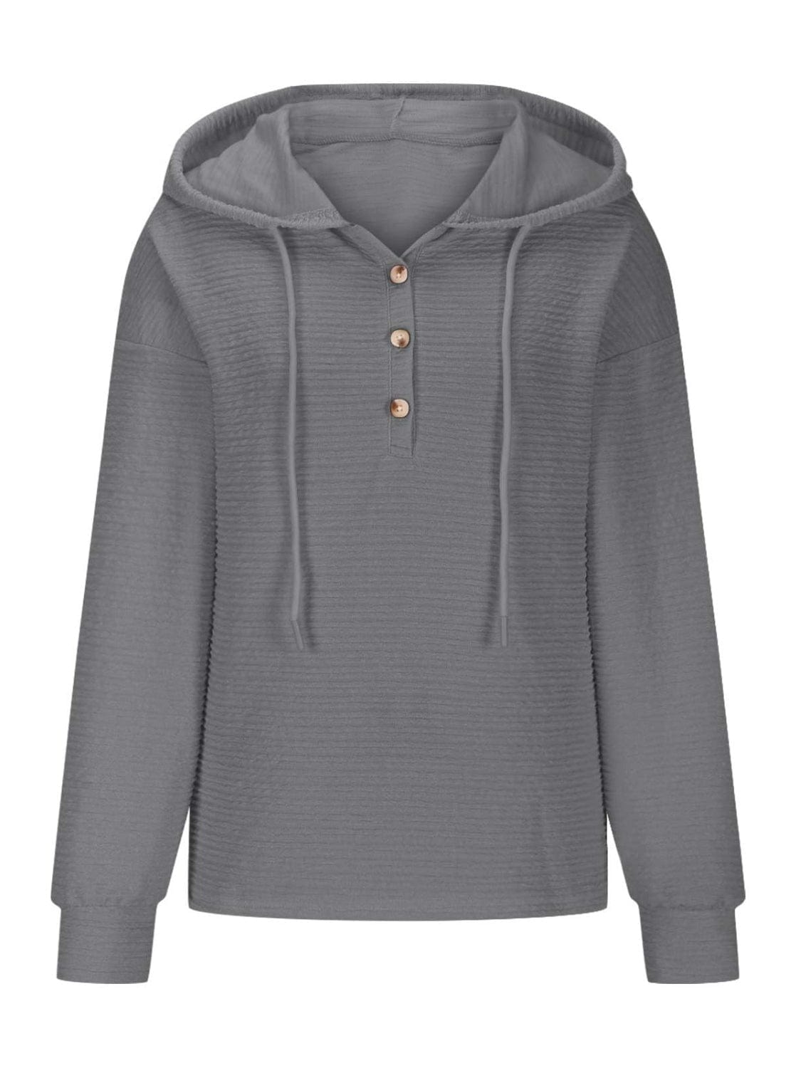 Drawstring Quarter Button Long Sleeve Hoodie - Trendsi