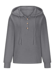 Drawstring Quarter Button Long Sleeve Hoodie - Trendsi