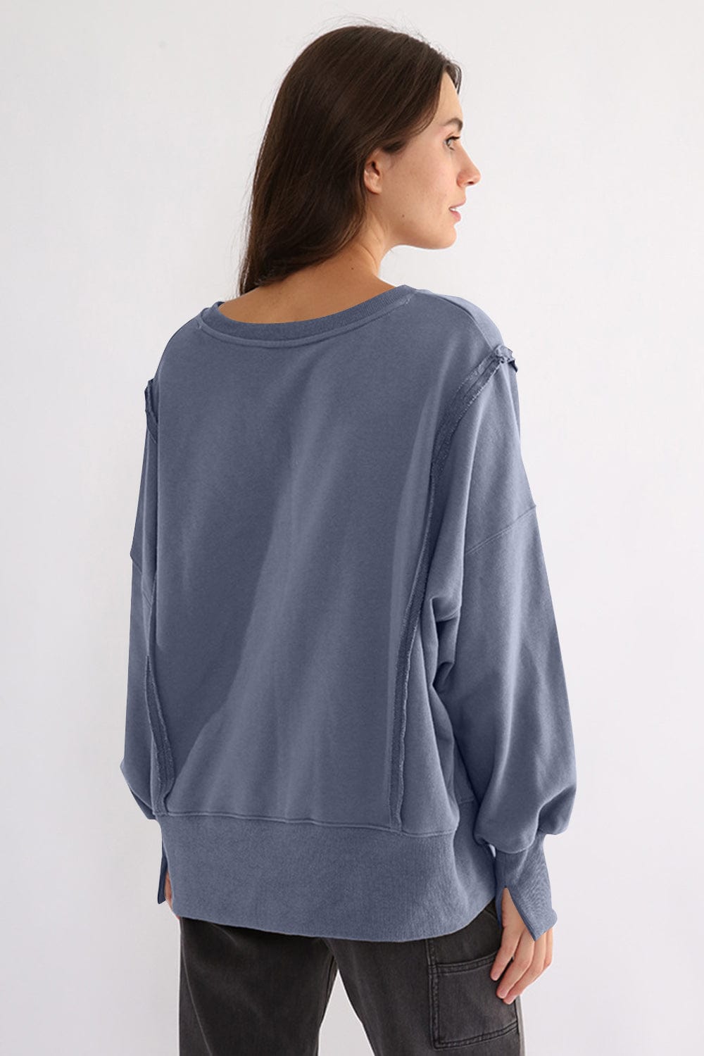 Exposed Seam High-Low Long Sleeve Sweatshirt - Trendsi