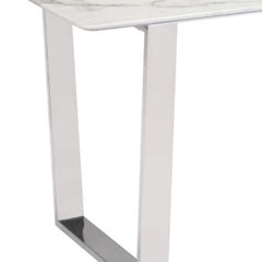 71" White And Silver Marble And Steel Sled Base Dining Table