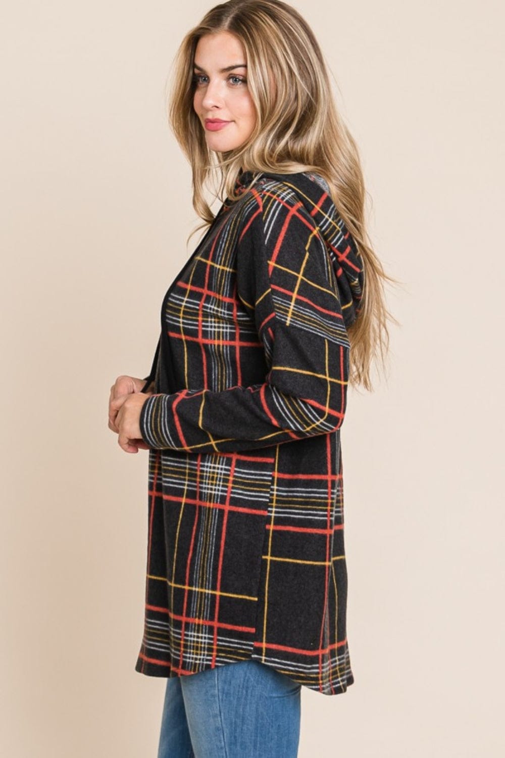 BOMBOM Drawstring Plaid Long Sleeve Hoodie - Trendsi